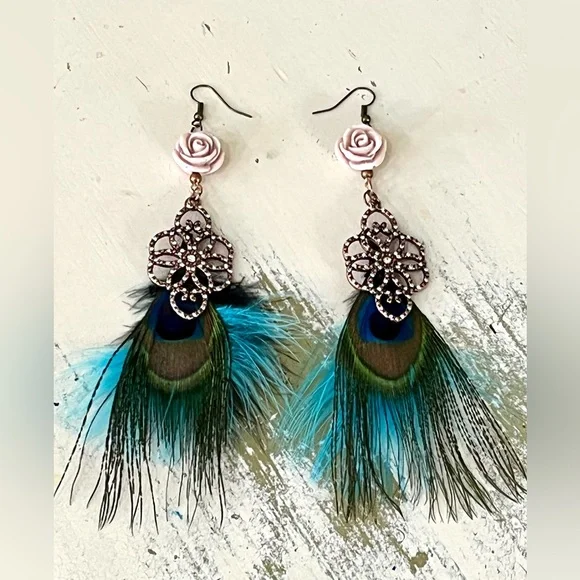 NEW!! Heart Pink Stone Necklace Peacock Earrings Set Handmade Design - Picture 12 of 15